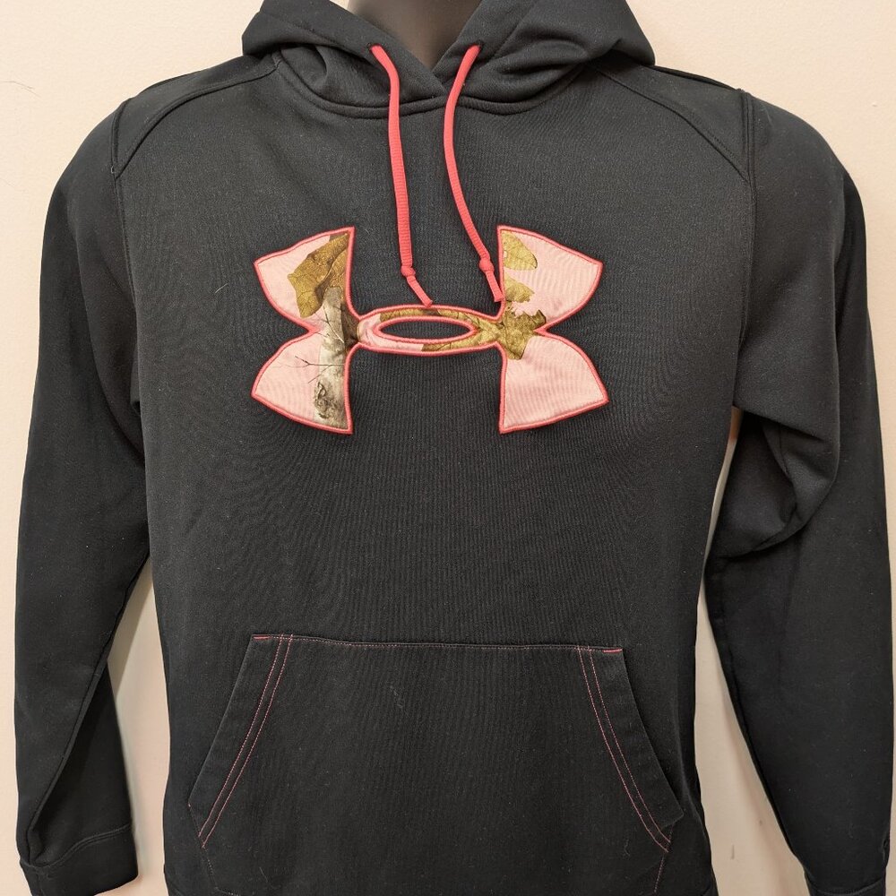 Under Armour Cold Gear Semi Fitted Pink Black Camo Logo Hoodie Sweatshirt S